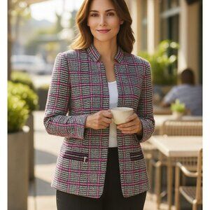 Ming Wang Women's Blazer Jacket Size L Pink Black White Plaid Knit Zip Pockets